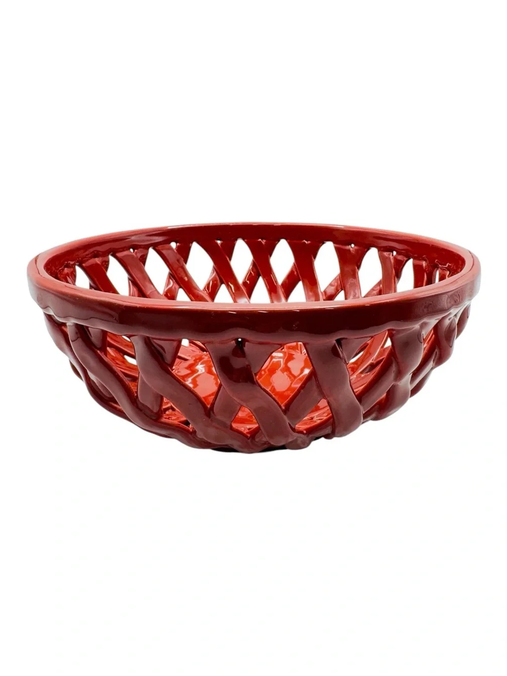 Red Openwork Ceramic Basket Bowl Decorative Fruit Bowl Lattice Centerpiece